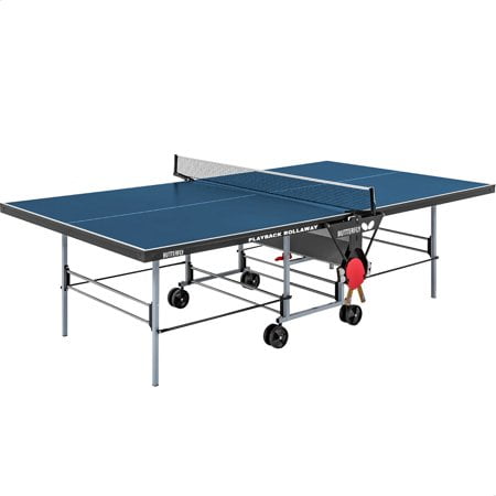 Butterfly Playback Rollaway, Blue folding table tennis table in playback position, front three-quarter view showing blue 19mm top with 1.5" steel rim; indented legs and side beams, 5" double wheels and two safety levers on each side visible, net left attached so table folds for solo practice and compact storage; often used for coaching drills or individual returns.