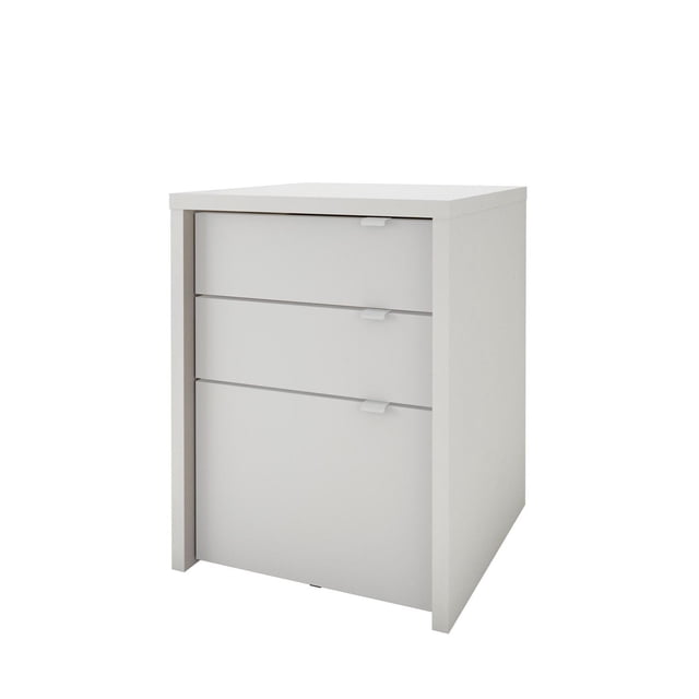 Nexera Chrono 3-Drawer Filing Cabinet in white melamine with two catch-all drawers on metal slides above one full-extension legal size filing drawer, featuring integrated handles and modular design ideal for office or home storage.