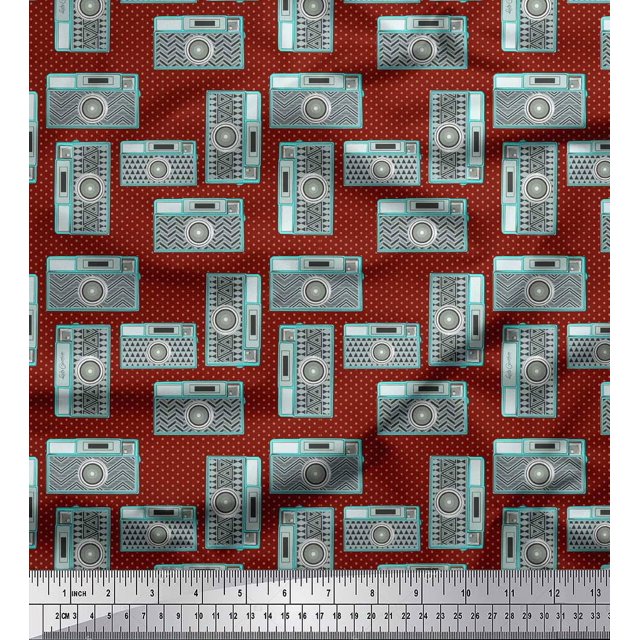Soimoi Red Rayon Fabric Camera & Dots Printed Fabric 1 Yard 56 Inch Wide