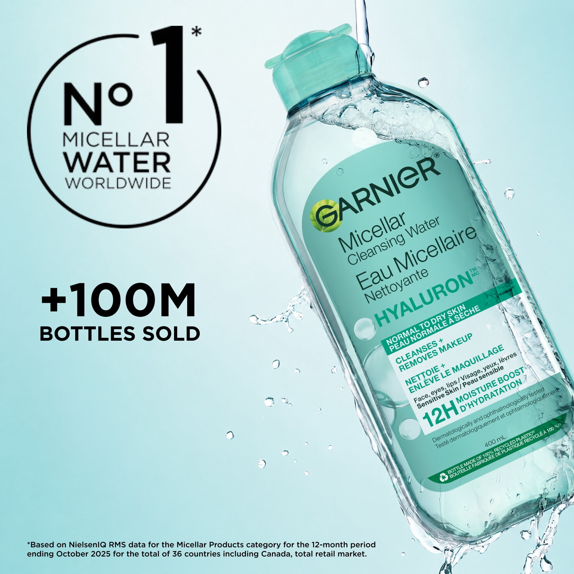 Garnier Eau Micellaire Nettoyante Tout-en-1 à L'acide hyaluronique, Convient Aux Peaux Sensibles, Cruelty Free International et Végétalien