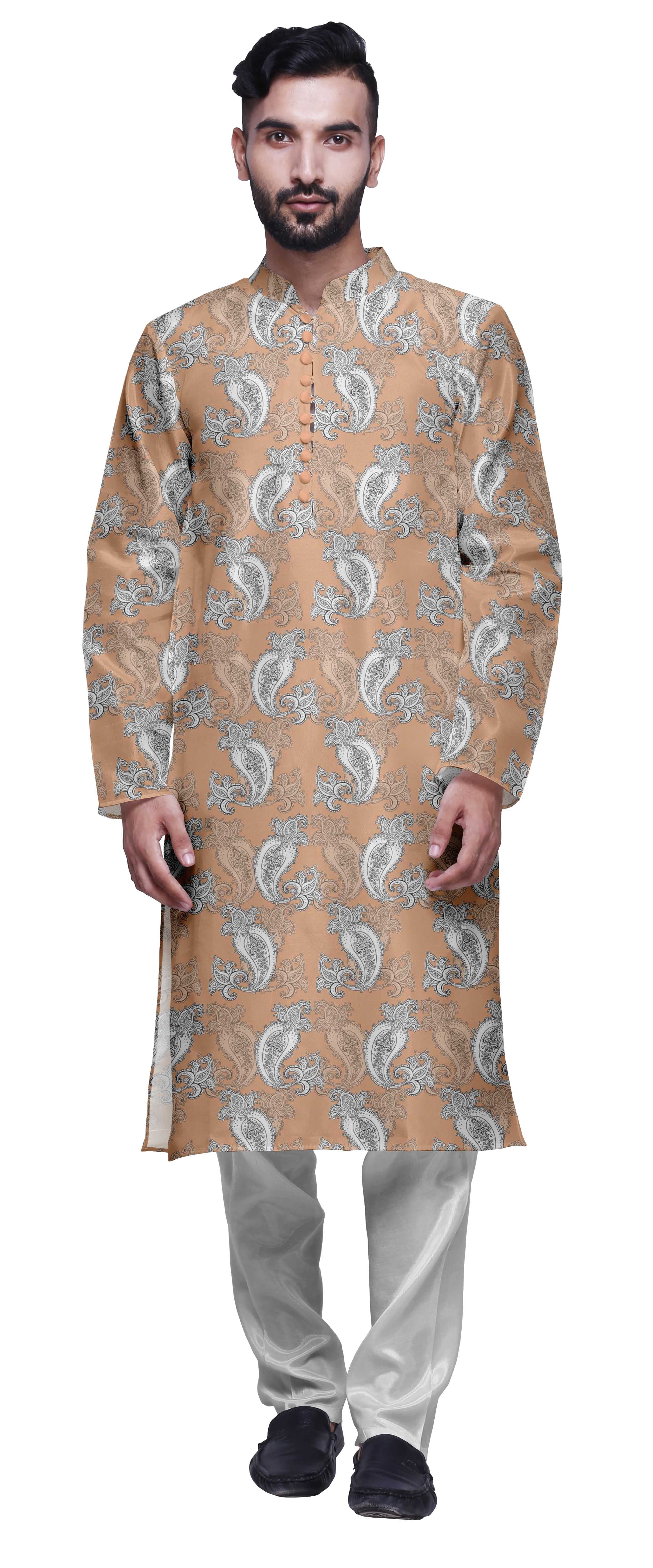 Atasi Kurta Long Indien en Satin Modal Imprimé pour Homme avec Ensemble de Pyjama Churidar Blanc