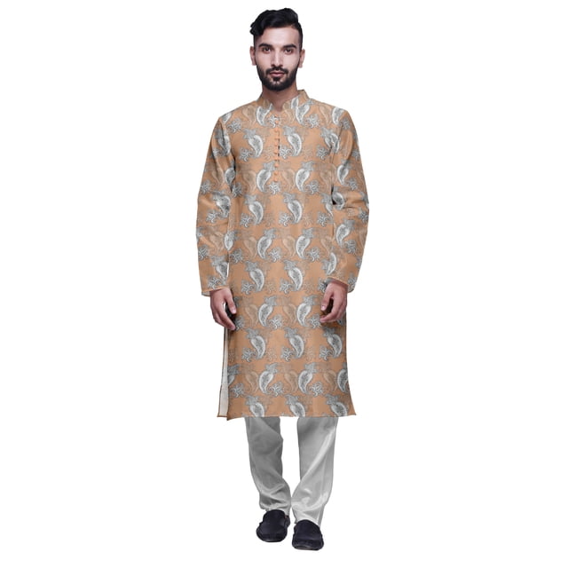Atasi Printed Long Kurta For Men With White Churidar Pyjama Set Traditional Wear
