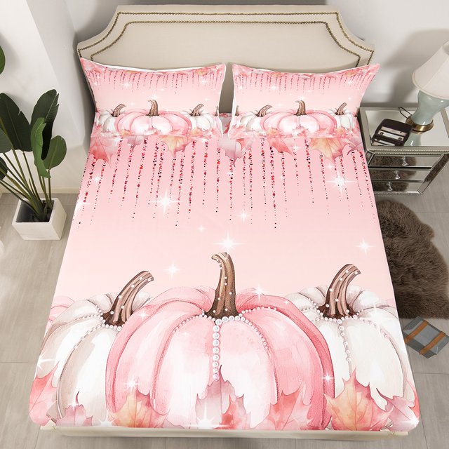 YST Draps de Lit Citrouille d'Automne Drap-Housse Récolte d'Automne Joyeuse Action de Grâce Ensemble de Literie pour Enfants Draps Rose Pailleté Format Simple avec 1 Taie d'Oreiller