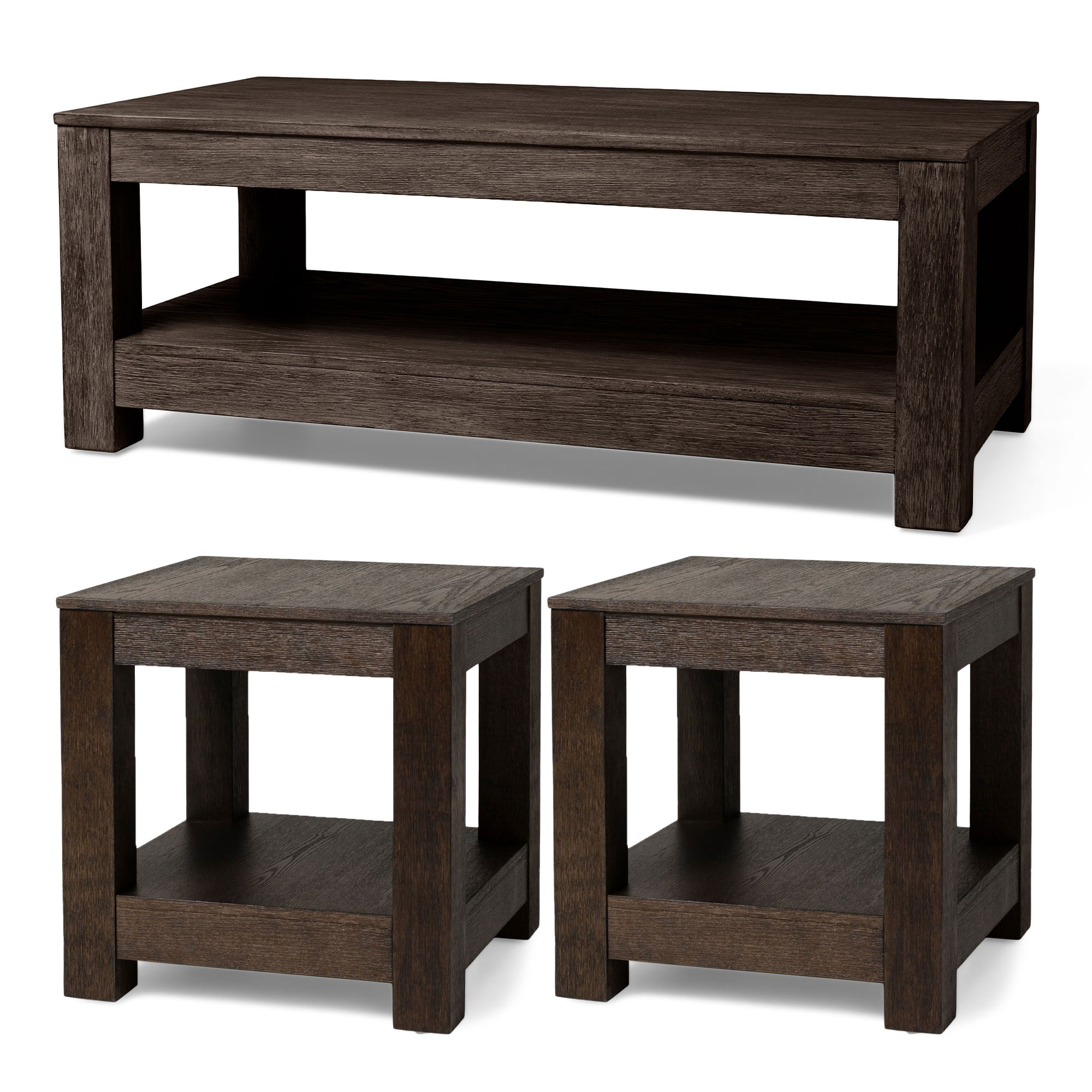 Maven Lane Paulo Table Basse en Bois avec Ensemble de 2 Tables d'Appoint, Brun Vieilli