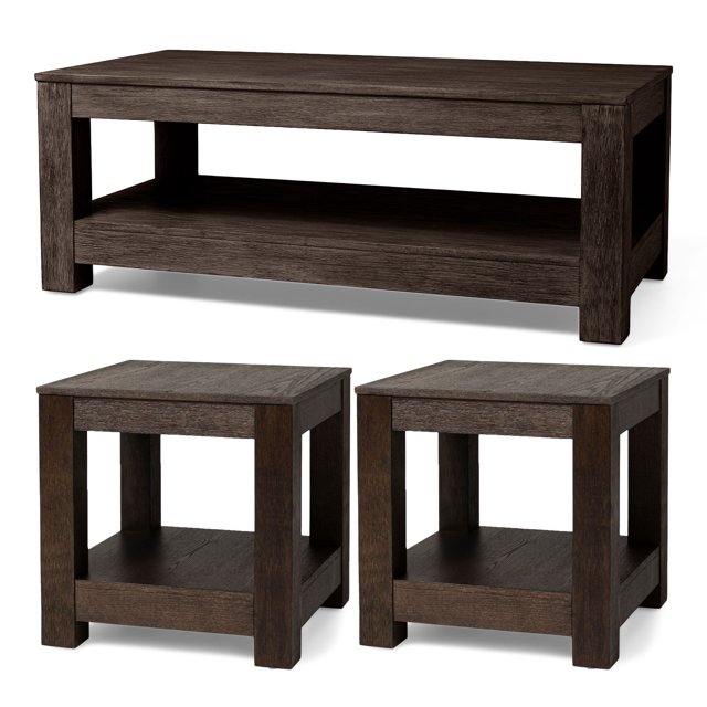 Maven Lane Paulo Wooden Coffee Table with Set of 2 Side Tables, Weathered Brown