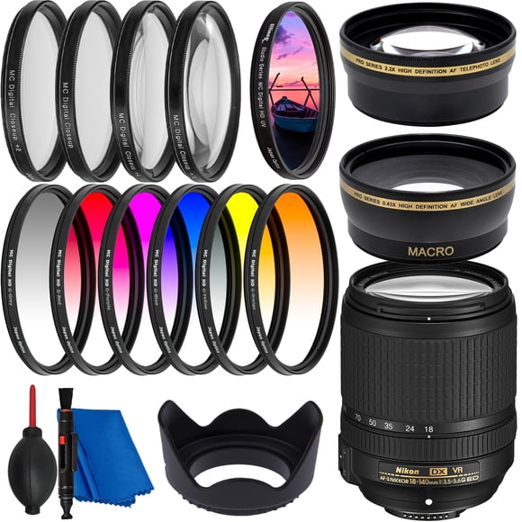 Nikon AF-S DX NIKKOR 18-140mm f/3.5-5.6G ED VR Lens Filter Bundle - Includes: Professional Telephoto Lens Attachment + 0.43X Wide Angle Lens Attachment + 6PC Gradual Color Filter Set + More