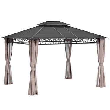 Outsunny Pavillon à Toit Rigide à Double Toit 10 Pieds x 12 Pieds avec Moustiquaires et Rideaux, Kaki