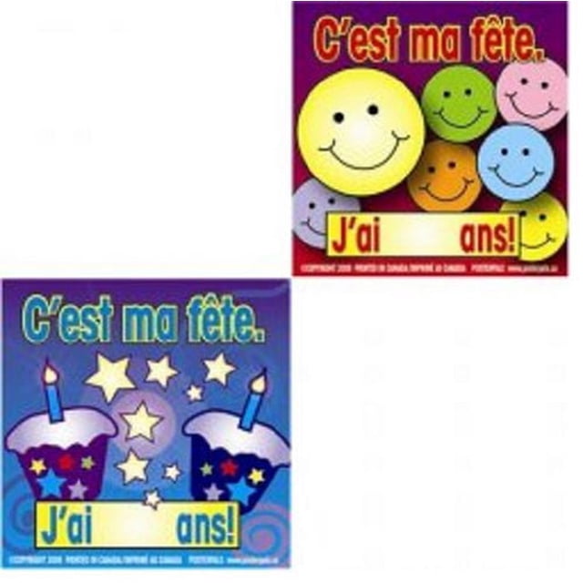 Autocollants d'Anniversaire Français Présentant Deux Modèles : des Visages Souriants Colorés sur un Fond Violet et des Petits Gâteaux d'Anniversaire avec des Bougies et des Étoiles sur un Fond Bleu, Chacun de 2,5 par 2,5 Pouces, Convenant comme Autocollants de Revers pour les Étudiants à Porter pour Leur Anniversaire.