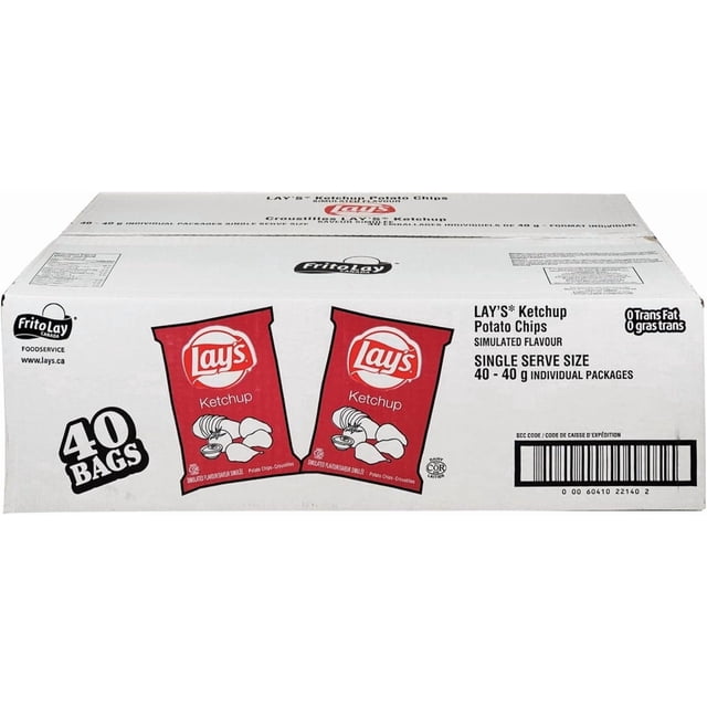 Frito Lays Ketchup Chips - 40x40g pack of 40 individual 40g bags shown front-facing on white background; ketchup-flavored potato chips with tangy tomato seasoning and crunchy, light texture, described as a bulk snack pack suitable for lunchboxes, vending or party trays, and often used as a crunchy topping for casual dishes.