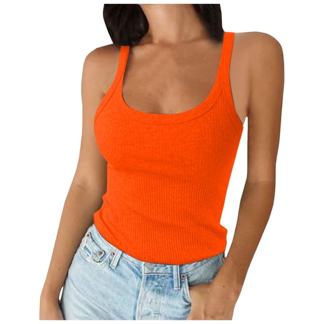 Women Spaghetti Strap Scoop Neck Ribbed Tank Tops Slim Fitted Cotton Camisole Basic Sleeveless Layering Shirts
