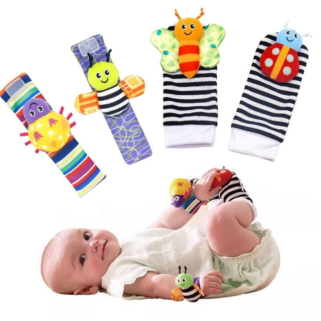DPTALR 4 Count Baby Infant Rattle Socks Toys, including two wrist rattles and two foot finder socks, designed for baby boys or girls. The set features colorful animal designs such as a ladybug, bee, and caterpillar, promoting sensory development and hand-eye coordination. Made from soft, environmentally friendly fabric, these toys are safe for infants and washable. Suitable for newborns and ideal as a baby gift.