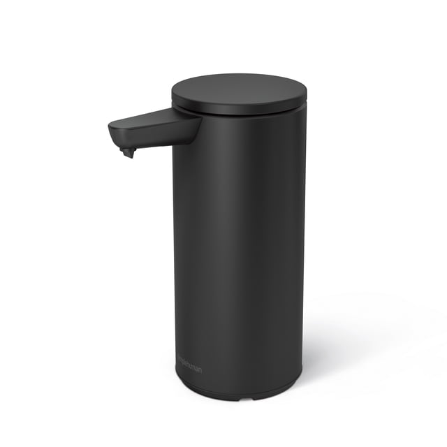 Simplehuman 9 oz. Touch-Free Automatic Rechargeable Sensor Liquid Soap Dispenser in matte black steel. Features a touch-free design to prevent germs and smudges, a clog-proof tubing pump for consistent soap flow, and a no-drip silicone valve. Includes a wide refill opening for easy refills and a rechargeable battery lasting up to 3 months. Suitable for soap or hand sanitizer, ideal for kitchen or bathroom use.