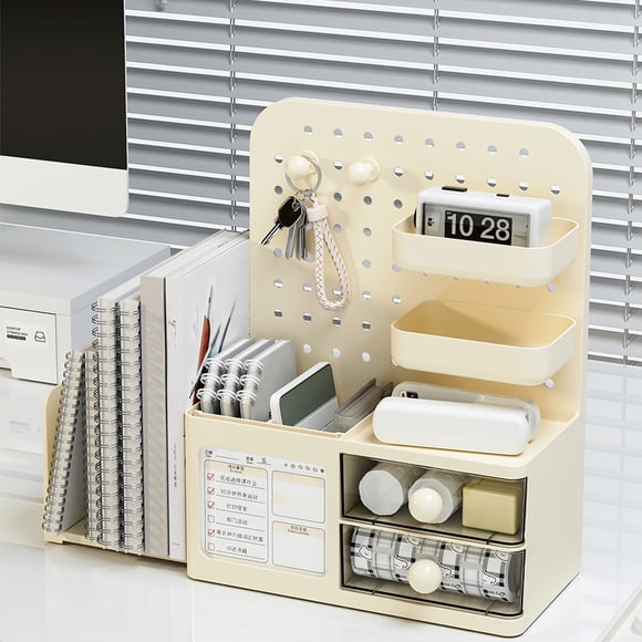 Pegboard Desk Organizer | Wall Mount or Desktop Storage Box with Retractable Book Stand for Office, Dorm & Study Table | Plastic Stationery Holder for Pens, Books & Small Items | 1 Set