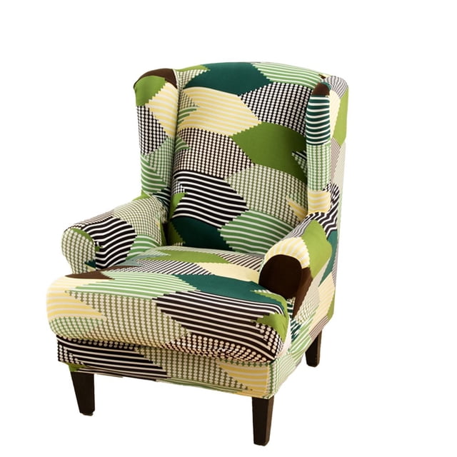 CHOK Chair Covers Slipcovers Stretch Wing Chair Covers Slipcovers Wingback Sofa Covers Armchair Covers Furniture Protector for Wingback Chair. The cover features a vibrant geometric pattern in green, yellow, black, and white tones, designed to fit snugly over a wingback chair. Made from stretchable fabric, it provides a protective and decorative solution for furniture. The chair is displayed against a white background.