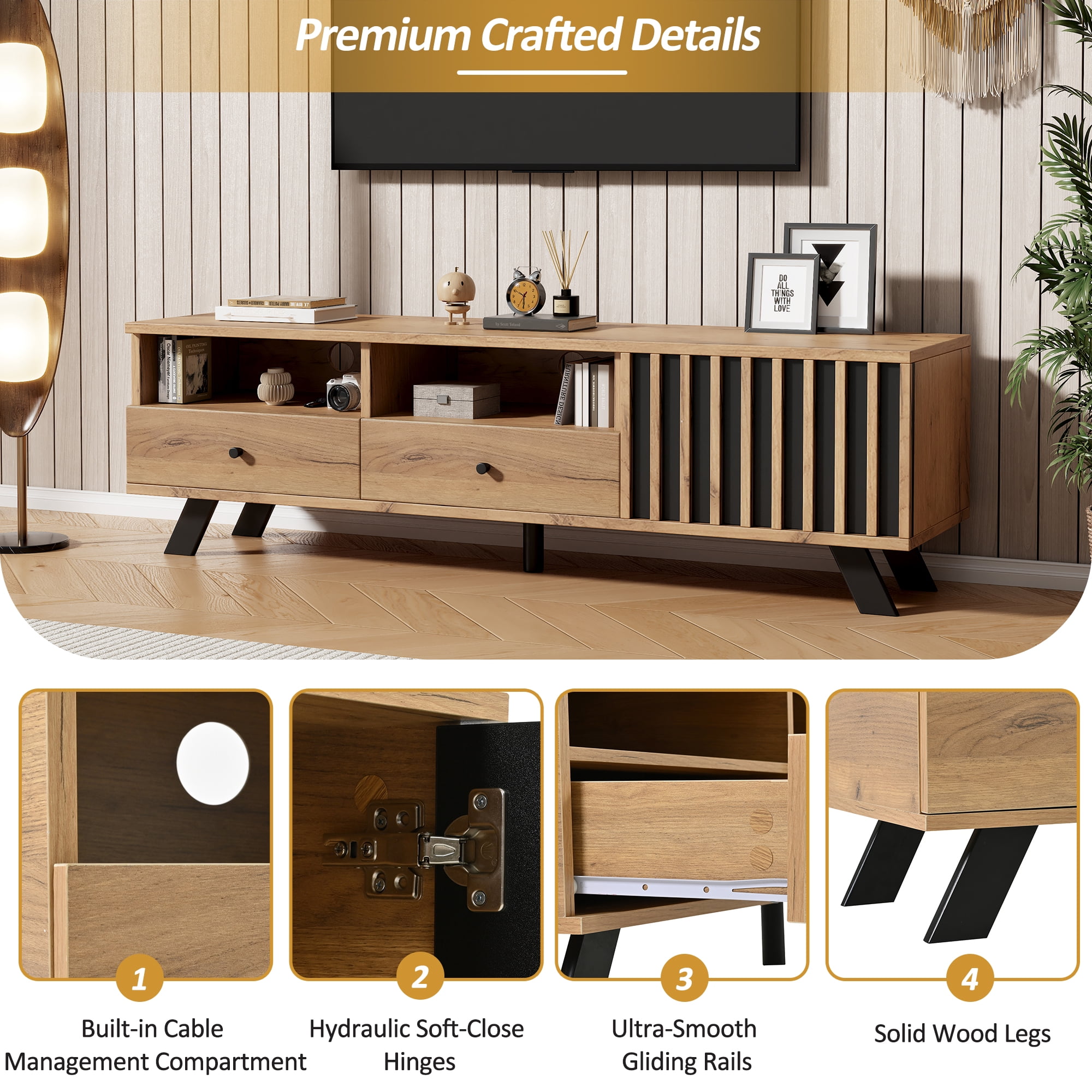Noble House 59" TV Stand,Open Shelving Wood-Grain Finish Media Console for 65" TV,Natural
