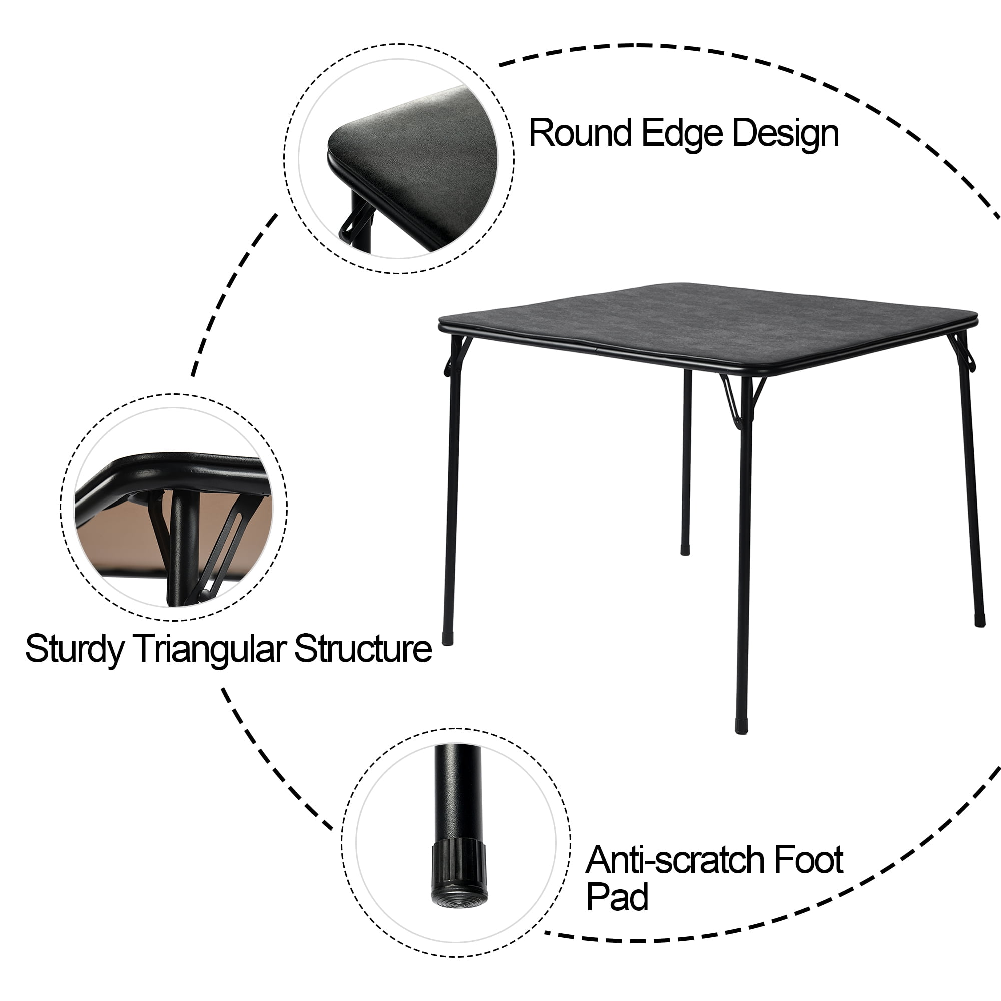 Homy Casa table pliante carrée 33,9 po, plateau PVC noir, pieds en métal, pour repas, jeux, fêtes et petits espaces