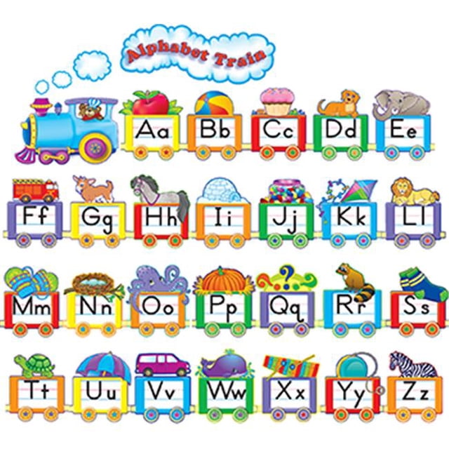 Teacher Created Resources TCR4421 Alphabet Train Bb Set featuring a colourful train design with 31 pieces. Each train car displays a letter of the alphabet, both uppercase and lowercase, along with a corresponding image to help young students learn letter shapes and sounds. Includes a 4-page teacher's guide. All pieces are UV coated and acid-free, making it a durable and fun addition to any classroom.