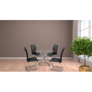 K-LIVING AMY 5PCS TABLE RONDE EN VERRE ET BASE CHROME AVEC SIÈGES EN PU NOIR