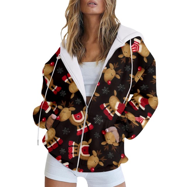 Bmisegm Women Casual Fashion Hooded Drawstring Colorful Printed Zipper Jacket Pocket Jacket Sweatshirt Womens Coats Coffee XXL