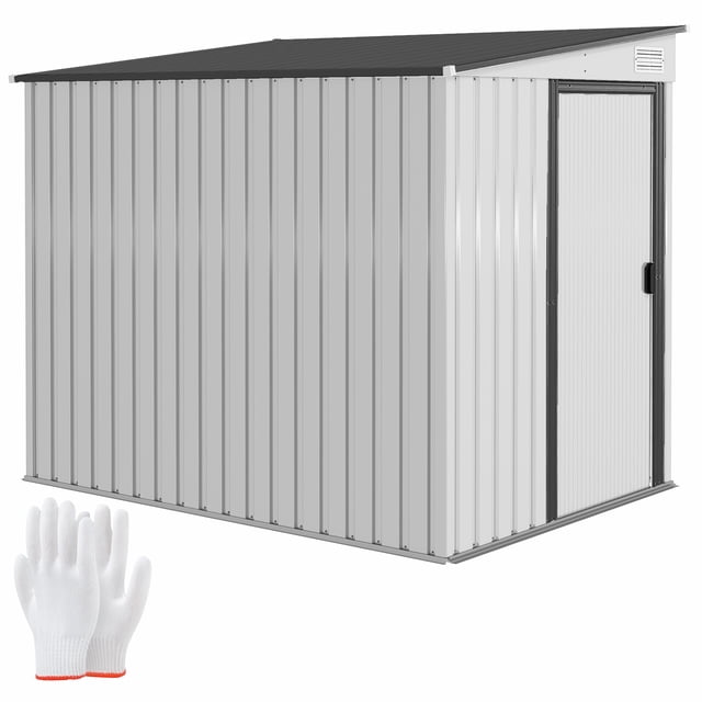 Outsunny Abri de Rangement Extérieur Adossé 5 x 7 Pi avec Base, en Acier Galvanisé Blanc avec Toit en Pente pour le drainage de l'Eau. Comprend des Portes Coulissantes, des Fenêtres de ventilation et des Gants pour l'Assemblage. Idéal pour Ranger des Outils, des Tondeuses à Gazon et de l'Équipement Extérieur. Sa Conception Adossée Permet un placement Facile dans les Coins de la Cour.