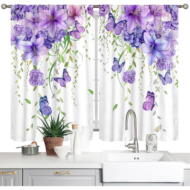 Purple Floral Butterfly Kitchen Curtains Rustic Flower Bathroom Window Curtains Farmhouse Spring Plant Small Short Curtains for Windows Rod Pocket Bathroom Curtains 2 Panels (42x63 Inch). The curtains feature a vibrant design of purple flowers and butterflies on a white background, adding a farmhouse and rustic charm. Made of 100% premium polyester, they are light-filtering, wrinkle-resistant, and easy to clean. Suitable for kitchens, bathrooms, cafes, and other small windows.