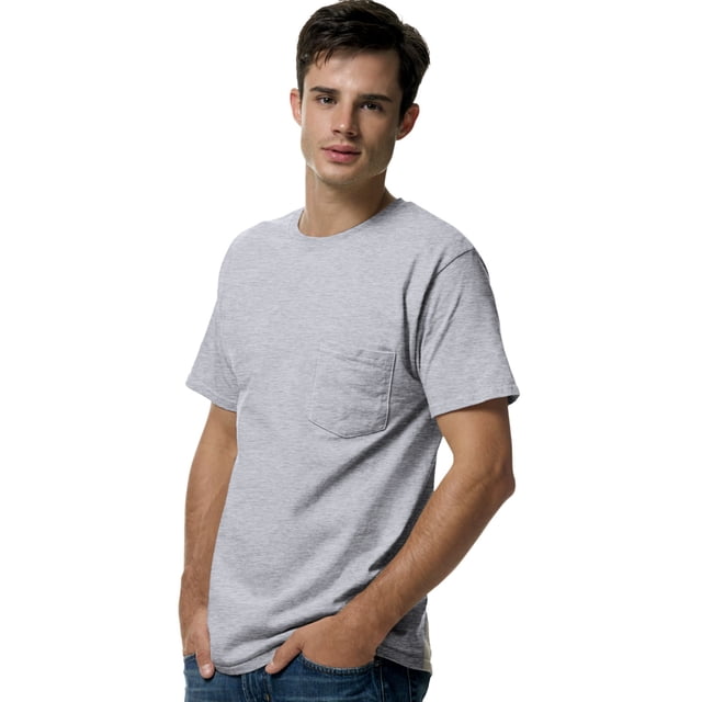 Hanes TAGLESS Men`s Pocket T-Shirt, 2XL, Light Steel