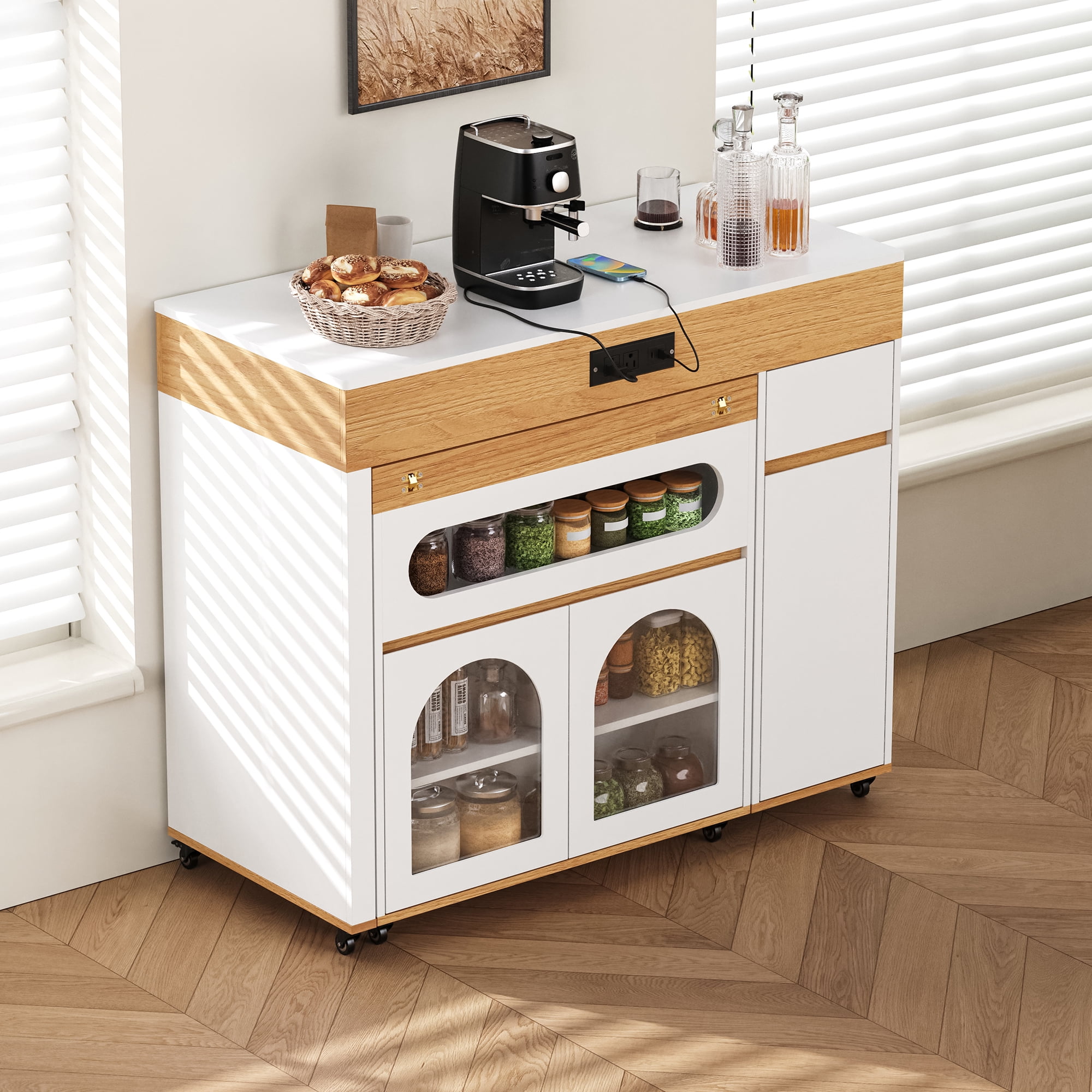 Table de salle à manger extensible Noble House TREXM avec plateau rabattable extra-long, îlot de cuisine roulant avec tiroirs (Noyer + Blanc crème)