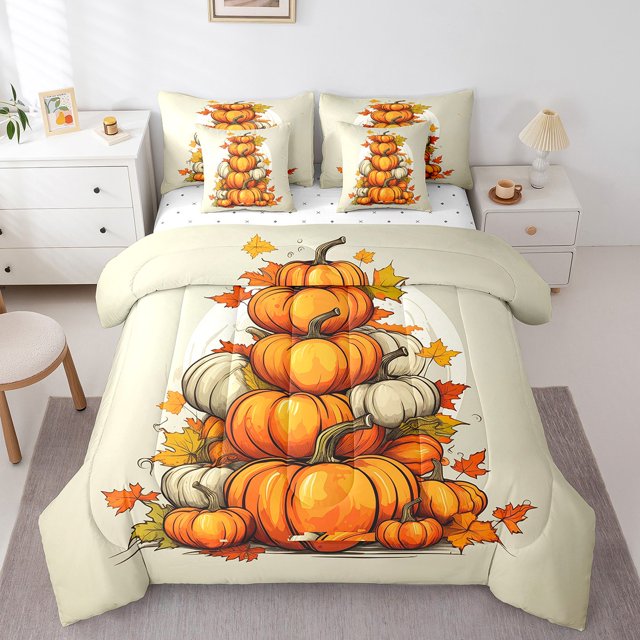 YST Ensemble de Couette Imprimé Citrouille d'Automne, Accessoires de Literie 7 Pcs, Très Grand