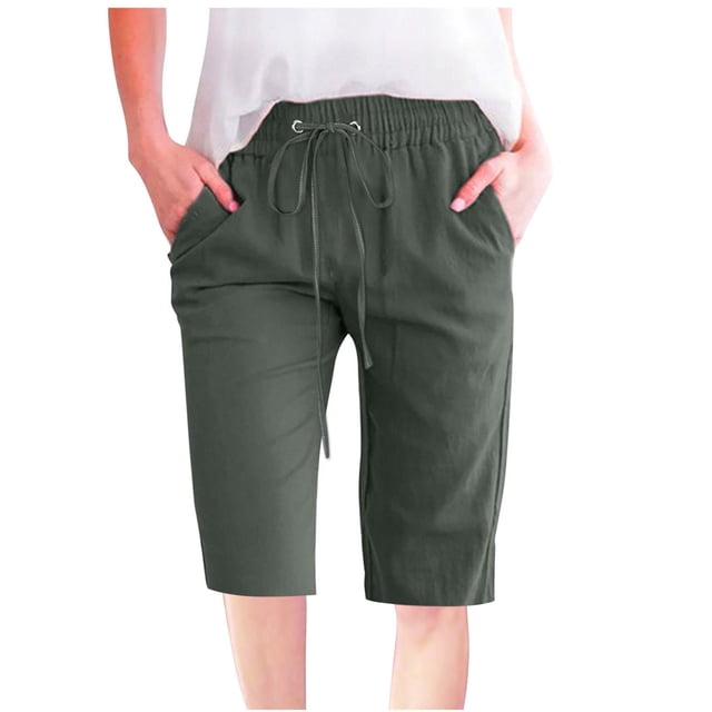 Timegard Womens Plus Size Shorts Elastic Waisted Drawstring Lightweight Casual Knee Length Shorts with Pockets