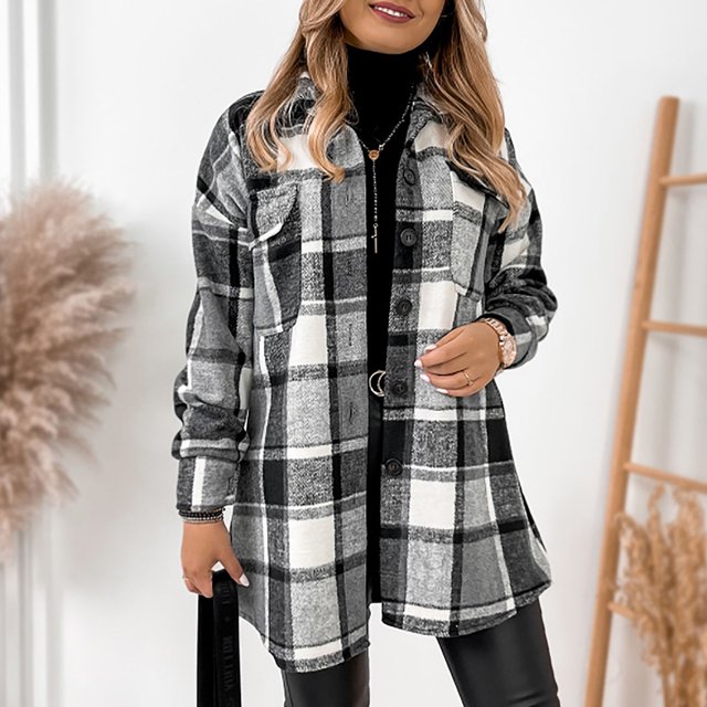 Aqestyerly Women Plaid Print Cardigan Jacket With Pockets,Long Sleeve Lapel Coat For Fall Winter Daily Wear HWRETIE