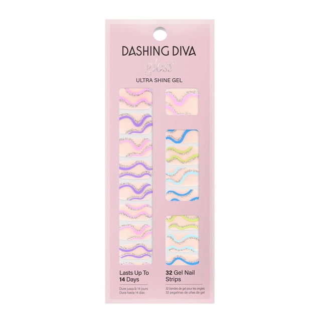 DASHING DIVA - GLOSS - SPRING SWIRL gel nail strips in pink packaging featuring 32 chip-resistant, ultra-shiny strips with pastel wavy designs in purple, blue, green, and silver glitter, lasting up to 14 days and ideal for quick, durable manicures.