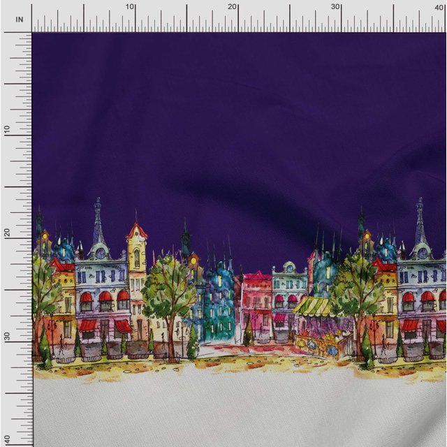 Soimoi Crepe Silk Fabric Buildings Panel Printed Craft Fabric by The Yard 42 Inch Wide