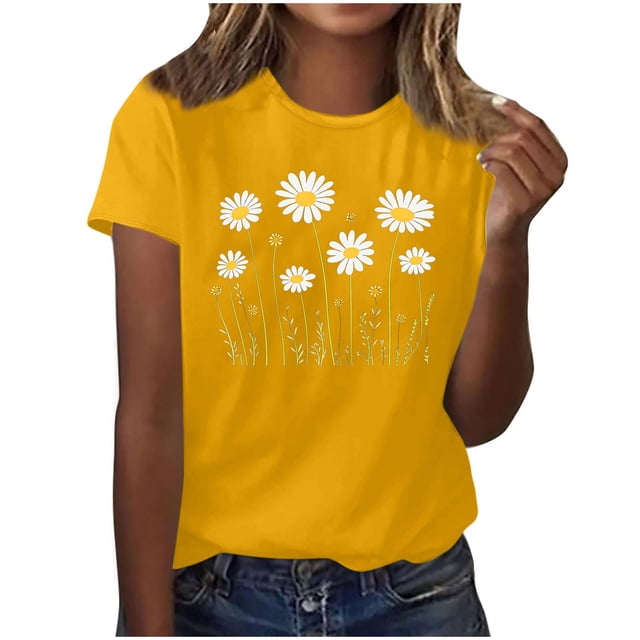 Pisexur Hauts pour Femmes Design Imprimé Marguerite Hauts Mignons pour Femmes Hauts d'Été Décontractés Manches Courtes, Hauts de Printemps pour Femmes & Hauts d'Entraînement pour Femmes