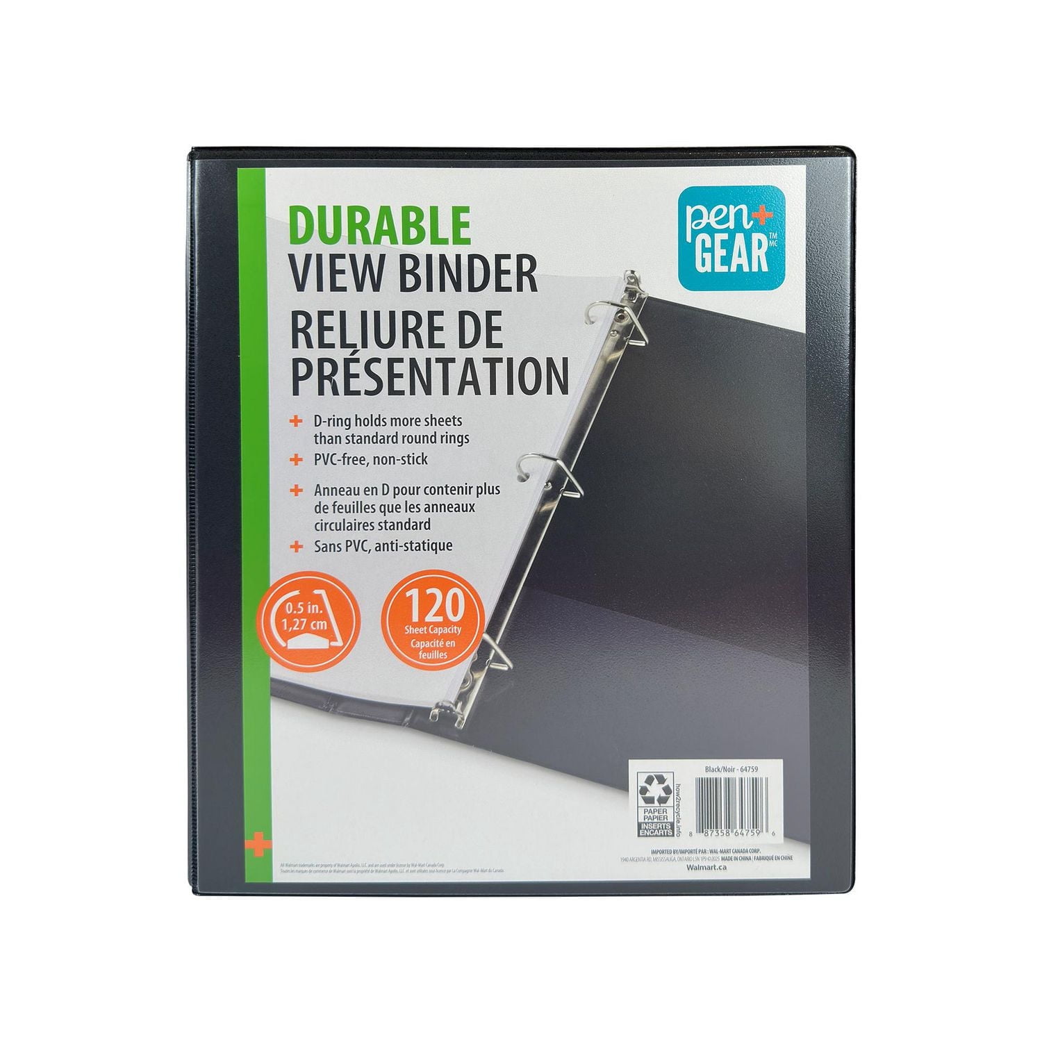 PEN+GEAR 1/2" DURABLE VIEW BINDER, Slant D-Ring, BLACK