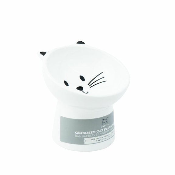 One Paw , Bol Surélevé pour Chat, Céramique, Blanc, 150 ml