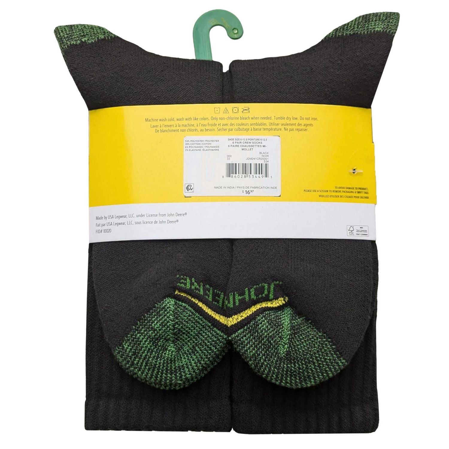 Ensemble de 6 chaussettes mi- mollet John Deere pour hommes; vêtements de travail core