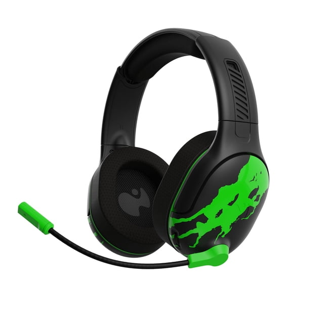 Casque Sans Fil PDP AIRLITE GLOW Pro Vert Secouer pour Xbox Series X/S, Xbox One et Windows 10/11 Pcs, un Casque Sans Fil Noir par-Dessus l'Oreille avec design Éclaboussures Vert Phosphorescent sur Embouts d'Oreille, Coussinets d'Oreille Doux et Rembourrés, Embouts d'Oreille Pivotants et Micro à Réduction de Bruit avec Bascule pour Couper le Son, Convient aux Jeux Immersifs et à une communication Claire.