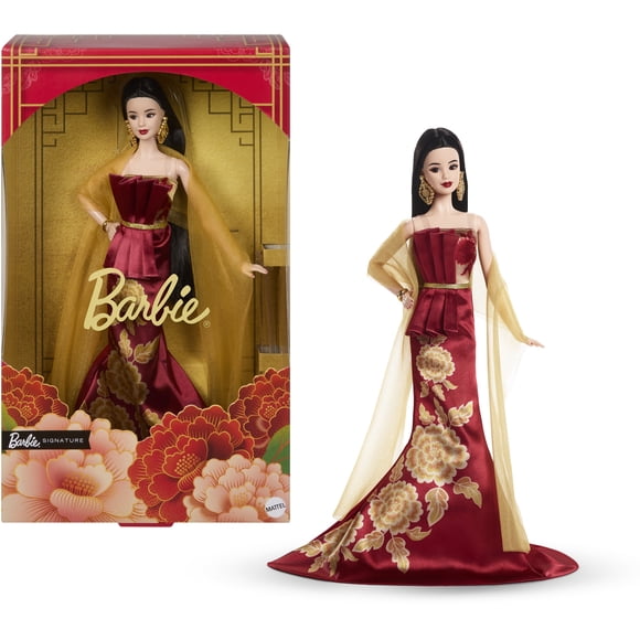Barbie Signature Lunar New Year Fashion Doll, Red Dress with Golden Peonies, Collectible Holiday Gift