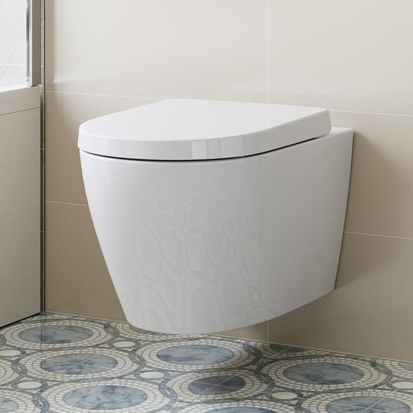 HOROW Toilette Murale, avec Siège à Fermeture Douce, Bol Flottant Rond, Sortie Arrière Gain de Place, Blanc
