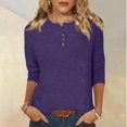 thumbnail image 2 of Yuyuzo Womens 3/4 Sleeve Tops Basic Button Crew Neck Solid Color Loose Fitted Tunics Tee Blouses, 2 of 5