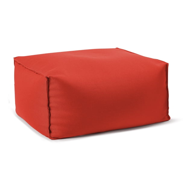 Gouchee Home Chamonix Outdoor/Indoor Red Ottoman Pouf with a minimalist cube shape, durable water-repellent olefin fabric, and polystyrene bead filling, shown in a front 3/4 view on white background, suitable as a footrest, casual seat, or side table for patio or living room.