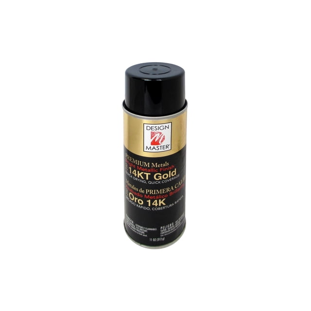 Design Master Premium Metals 11oz 14Kt Gold spray can with a metallic gold and black label, designed for crafting and quick coverage. The can features a bold '14KT Gold' text and branding details, suitable for shoe leather and suede care.