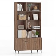 Gymax Bookshelf w/ Doors 5-Tier Floor Standing Bookcase w/ 2 Anti-Tipping Kits Walnut