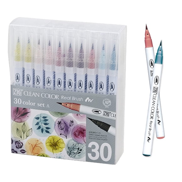 Kuretake ZIG Clean Color Real Brush, NEW 30 Colors with Flexible Brush Tips, Watercolor Pens for Painting, Drawing, Calligraphy and Brush Lettering f