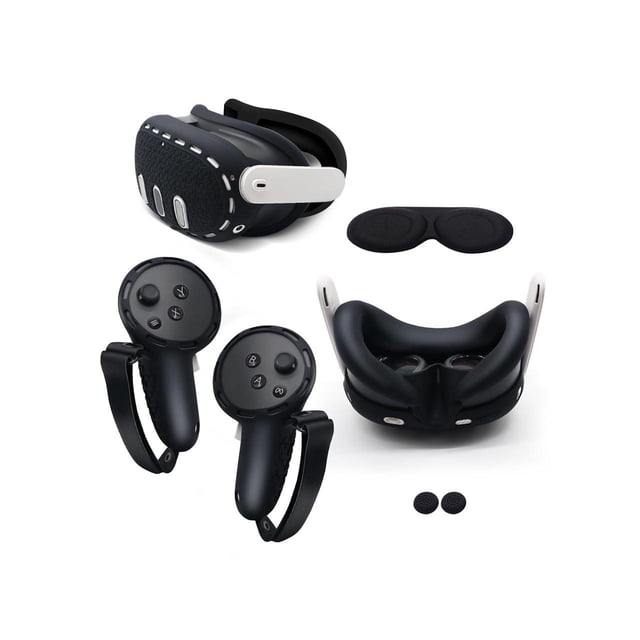 Accessories for Meta Quest 3, 5 in 1 silicone protective case set including a VR shell cover, controller grip covers, face cover, lens protective cover, and joystick caps. The black VR shell cover is dustproof, anti-scratch, and waterproof with heat sink ports for cooling. The face cover blocks light for enhanced immersion, while the Lycra fabric lens cover protects against scratches and sunlight. Adjustable PU leather grip covers ensure a secure fit during gameplay. Includes two joystick caps for added control.