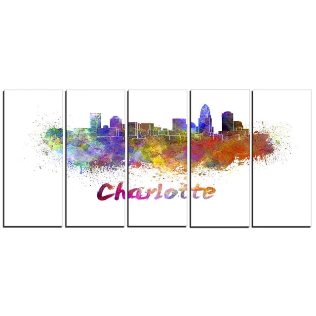 Design Art Charlotte Skyline Canvas Print with five-panel gallery wrapped cotton canvas featuring a vibrant abstract watercolor of Charlotte's skyline in blue, purple, yellow, and red tones, with 'Charlotte' scripted below, ready to hang with included hardware, ideal for home or office wall décor.