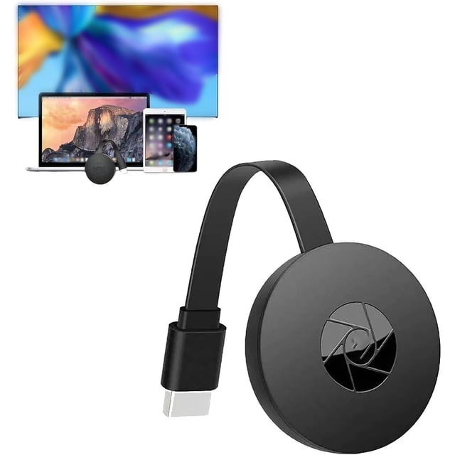 LAICAIW SyncTech Smart TV Box, a wireless screen projector for streaming and accessing all channels for free. The sleek black circular device with an HDMI connector is displayed with compatible devices like a TV, laptop, tablet, and smartphone, highlighting its versatility.