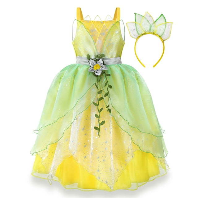 costume de Princesse Tiana de Luxe pour Petites Filles, avec une Robe Fantaisie Jaune et Verte en tulle Superposé et Tissu Satiné. la Robe pour Enfants Comprend une Décoration de Taille à Fleurs 3D, des accents en Forme de Feuille et de Délicates Manches Vertes. un Bandeau Assorti en Forme de Feuille Verte Complète le Style, Parfait pour le cosplay, les Fêtes d'Halloween Ou les Événements à Thème.