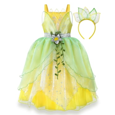 Deluxe Princess Tiana Costumes Little Girls Dress Kids Fancy Gown Cosplay Halloween Party
