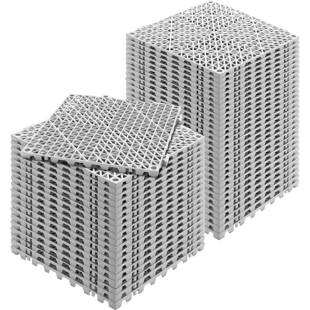 VEVOR Interlocking Tile 50PCS Gray, modular 12x12-inch soft PVC drainage floor tiles with non-slip drainage holes and waterproof design. The tiles are stacked in two piles, highlighting their interlocking assembly and durable construction. Suitable for wet areas such as bathrooms, kitchens, pools, and restrooms.